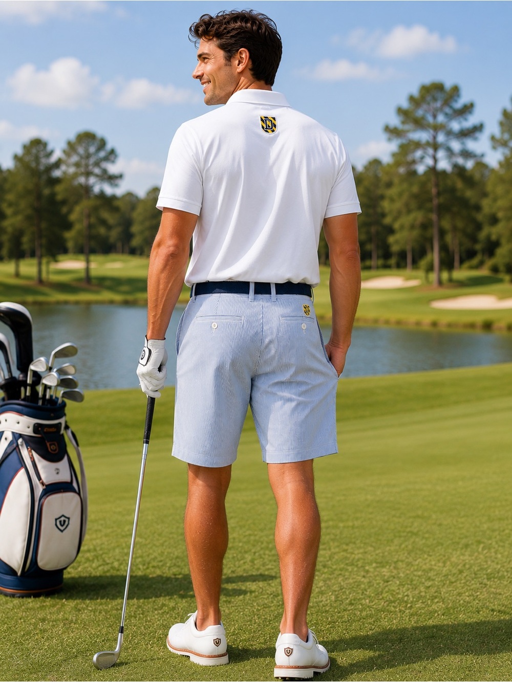 Dunning Golf Shorts Men’s Size 34 Blue White Seersucker Stripe Performance